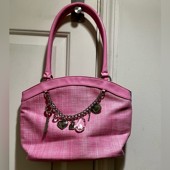Gerolamo pink straw handbag with charms and chain link - Picture 1 of 16